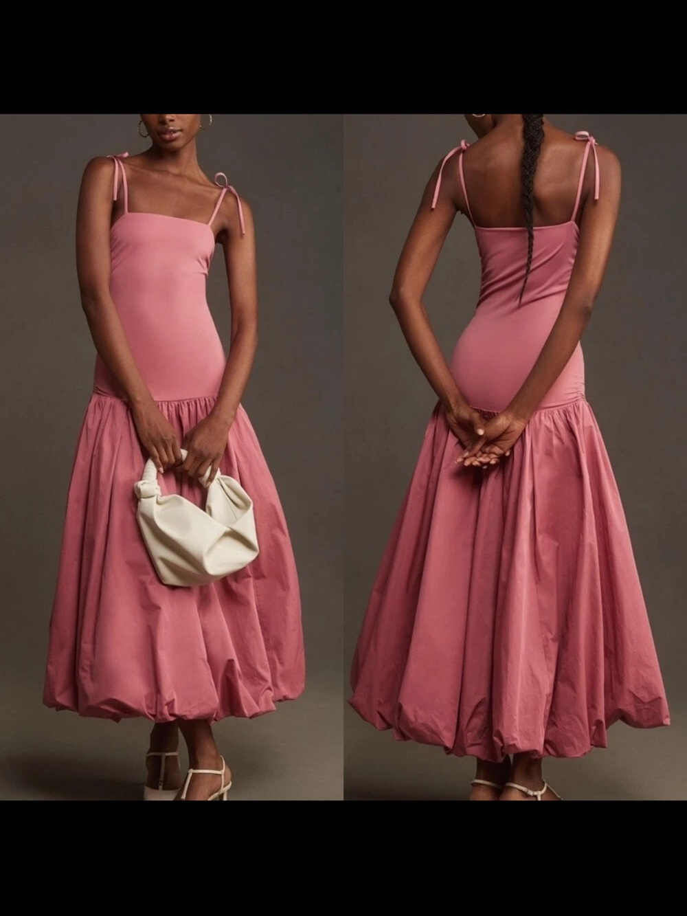 Tie-Shoulder Rose Midi Dress with Gathered Balloon Skirt
